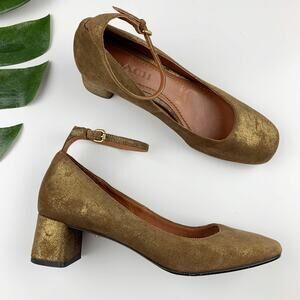 Coach Ankle Strap Pump Gold Brown Suede Heels Women's 7.5